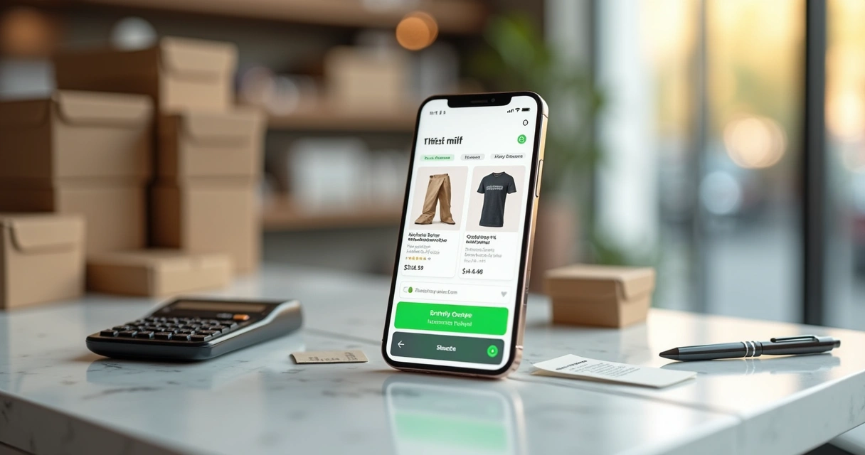 Catálogo digital de produtos exibido em celular sobre balcão 