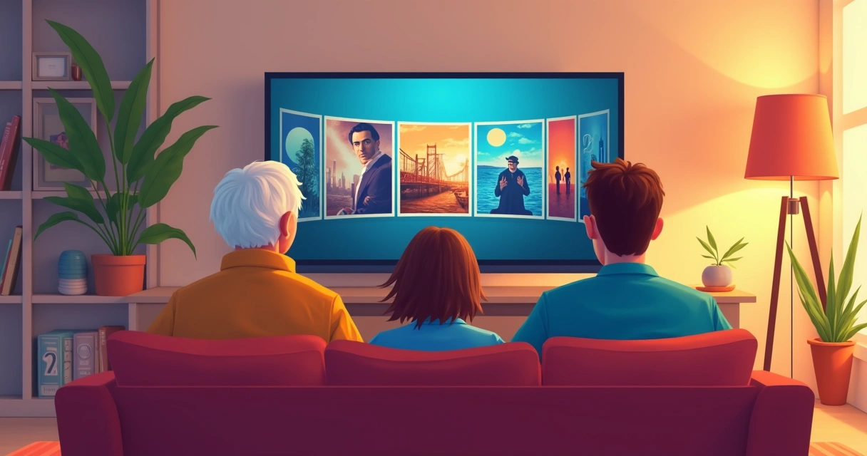 Pessoa idosa, criança e jovem assistindo juntos a diferentes gerações de filmes clássicos na TV