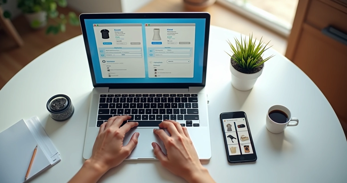 Pessoa cadastrando produto em catálogo digital pelo notebook 