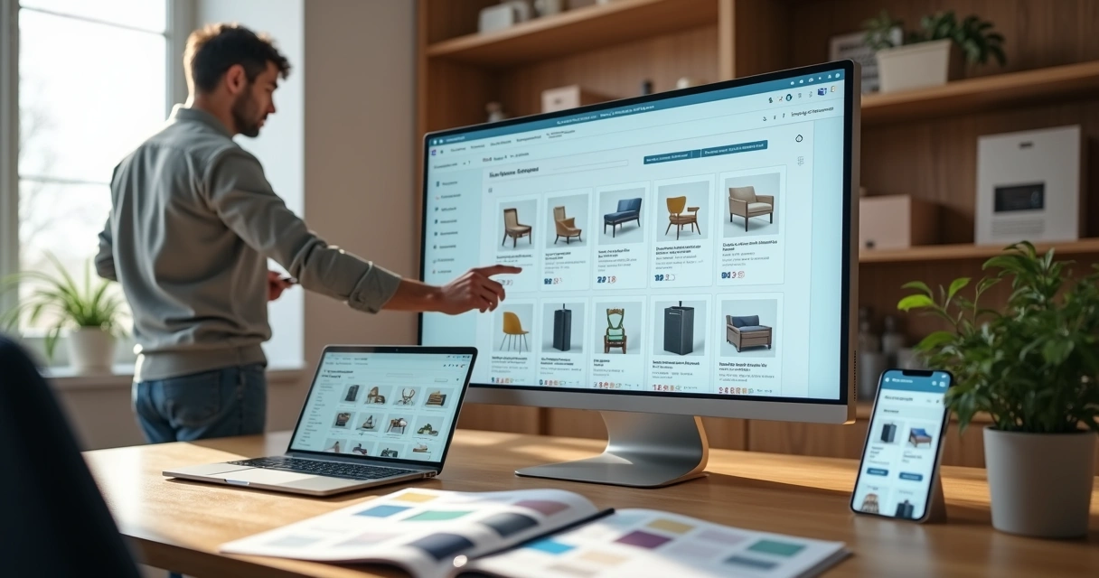 Gestor configurando catálogo online de produtos em painel de ERP num computador 