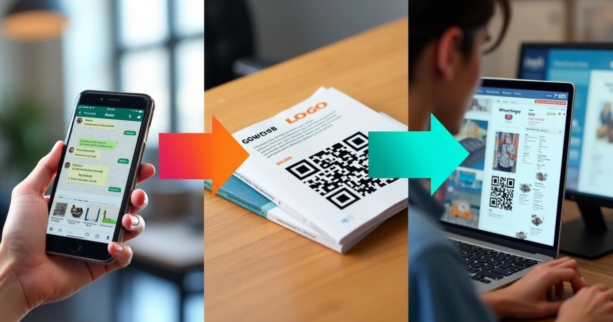 Montagem mostrando catálogo sendo acessado no celular, impresso com QR Code e no desktop 