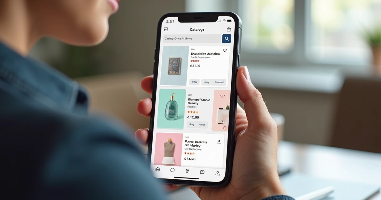 Catálogo digital exibido em tela de celular com categorias, imagens e filtros 