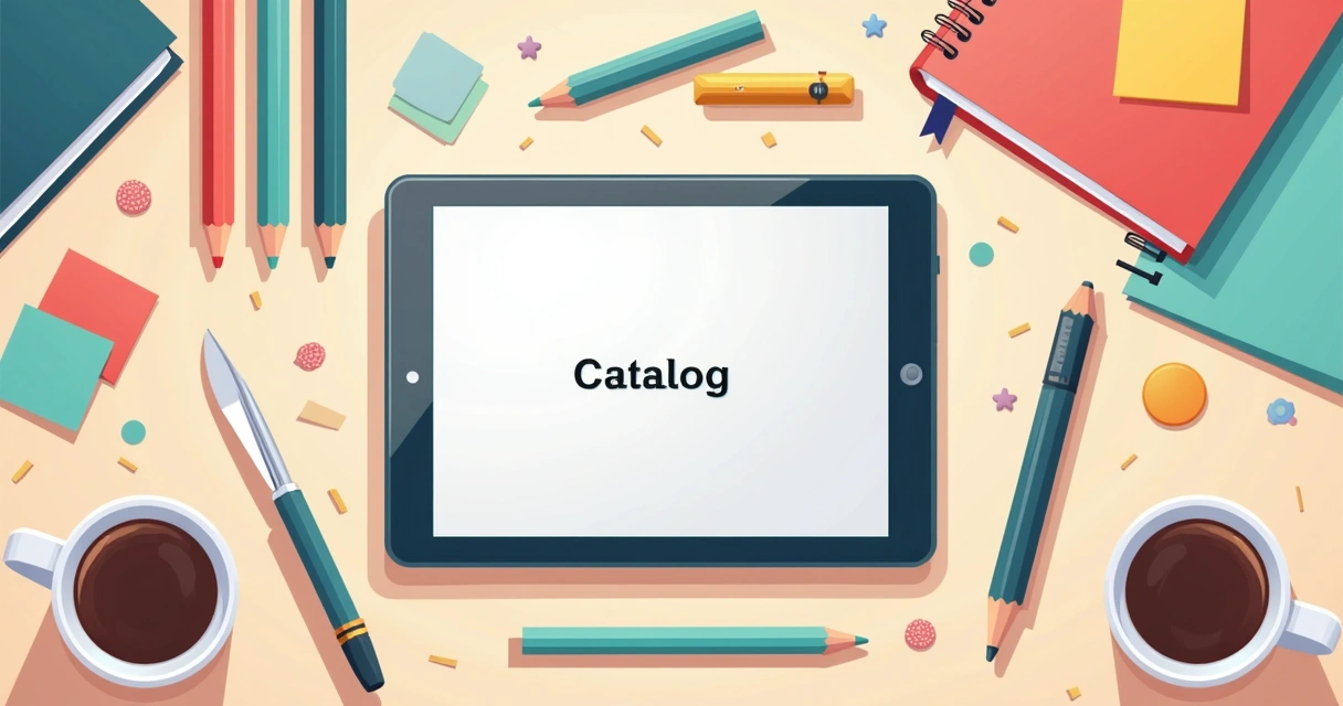 Catálogo digital de papelaria com livros, canetas e decoração colorida 