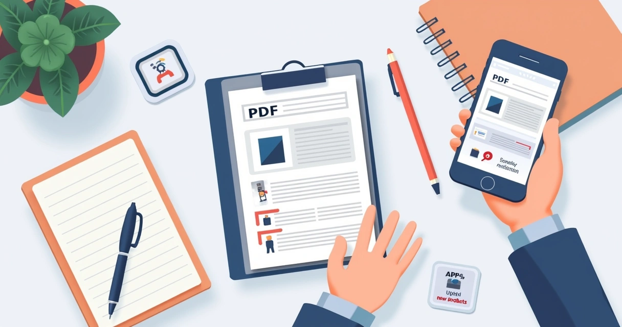 Catálogo PDF aberto ao lado de notebook e smartphone