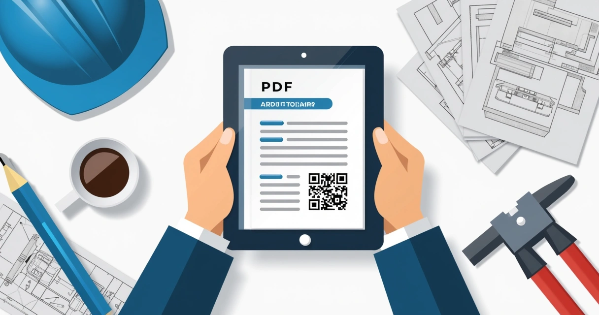 PDF de catálogo industrial exibido em tablet com QR code visível 