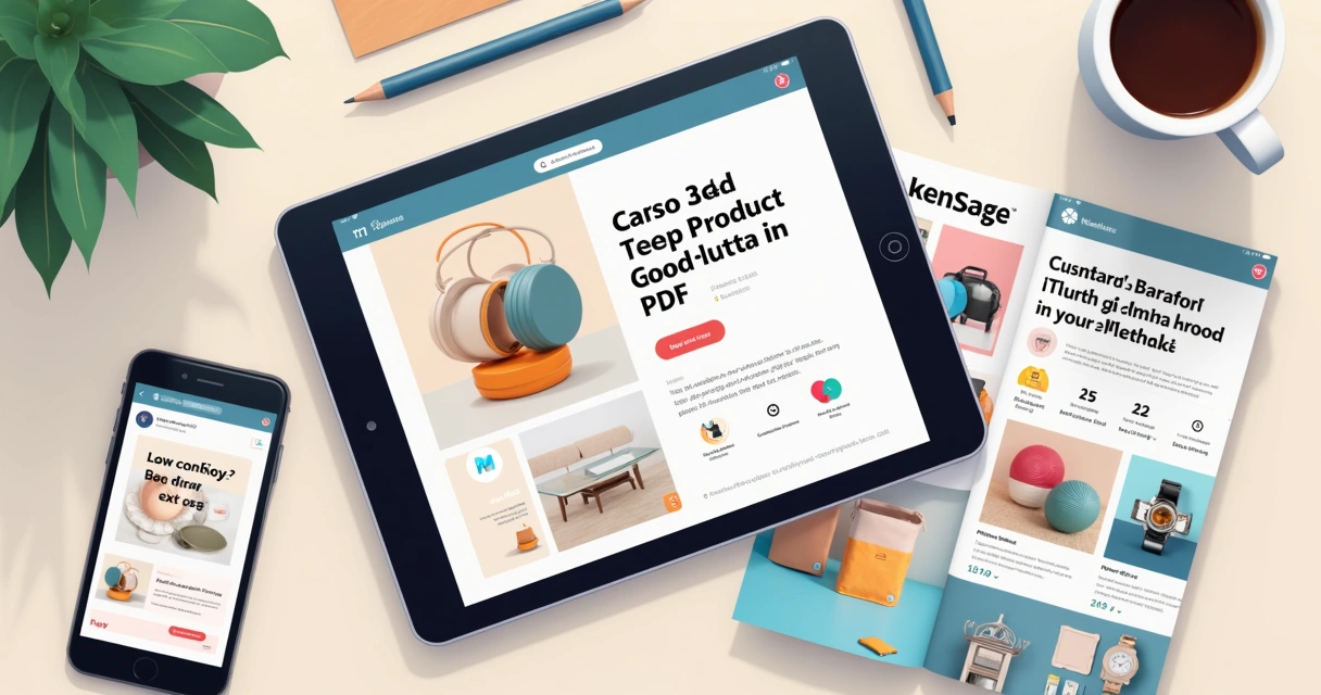 Catálogo digital em PDF aberto ao lado de posts de Instagram na tela 