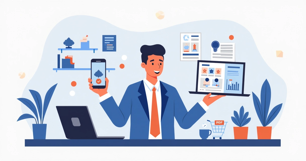 Vendedor mostrando catálogo em PDF e link de pedidos no celular