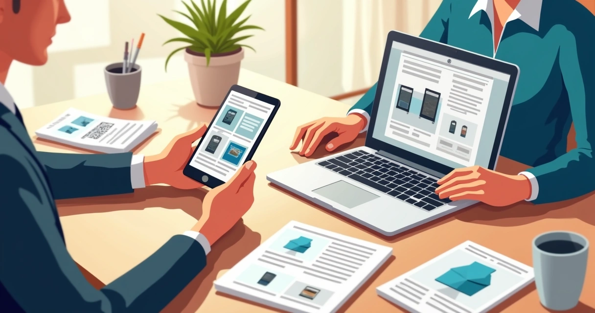 Pessoa visualizando catálogo em PDF no celular e computador 