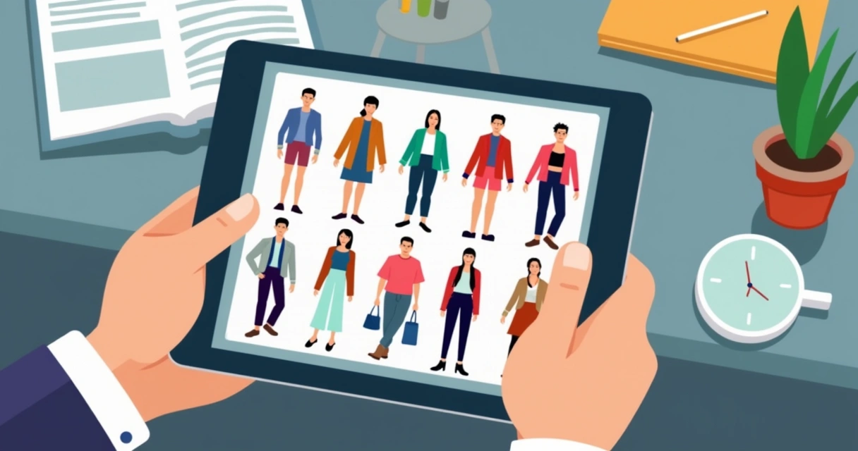 Pessoas conferindo catálogo digital de roupas em tablet