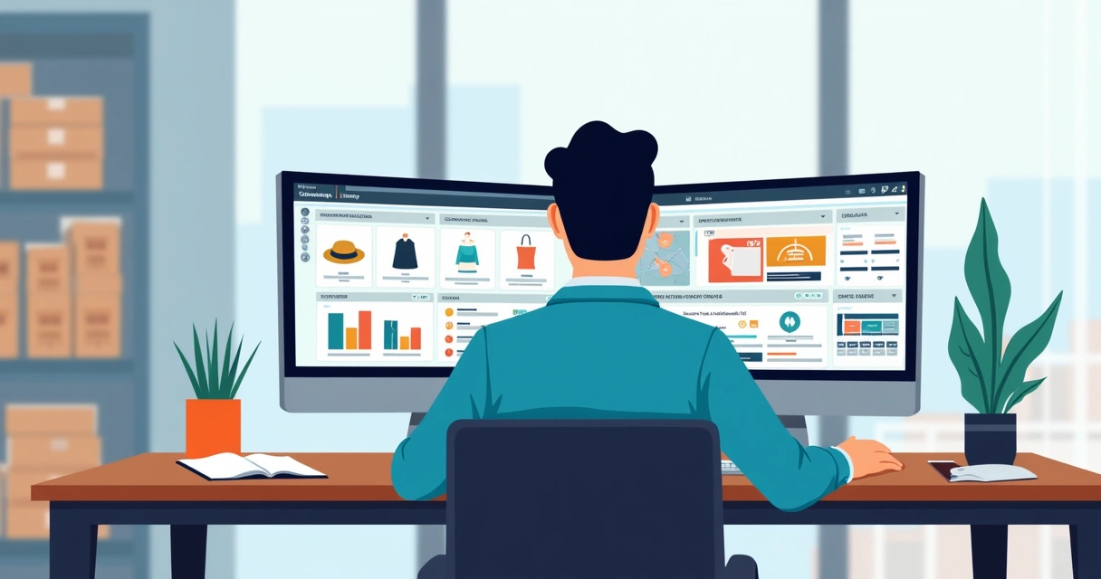 Pessoa criando catálogo em PDF no computador com interface de ERP e layout moderno
