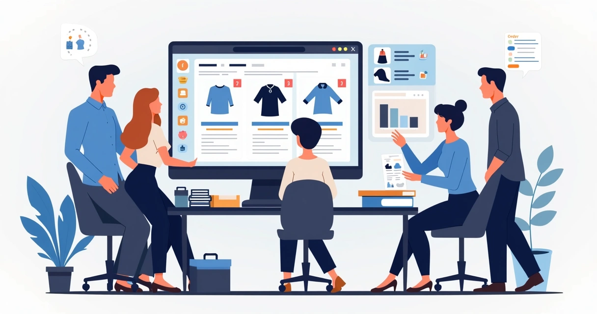 Equipe de moda usando catálogo digital e gestão integrada de pedidos