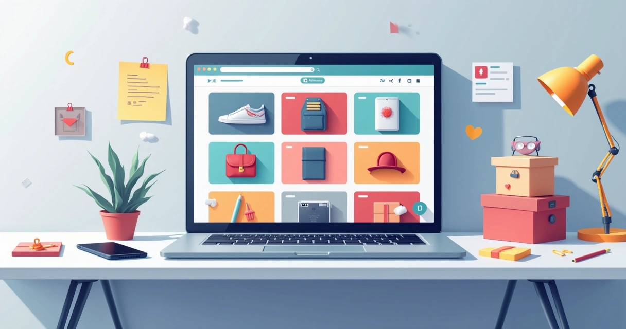 Catálogo digital de produtos variados exibido em um notebook 