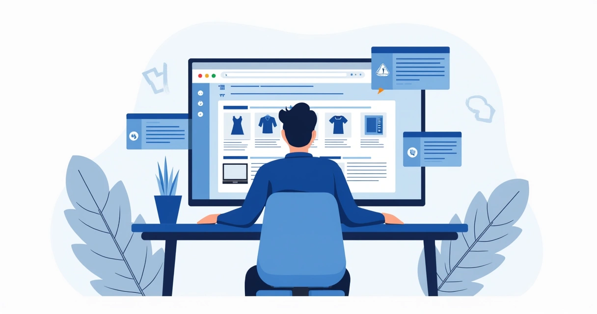 Pessoa analisando catálogos digitais de produtos na tela do computador 