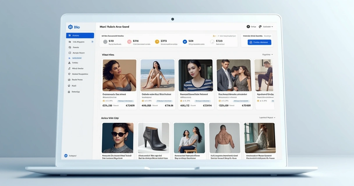 Interface digital de catálogo de produtos com imagens geradas, títulos e descrições automáticas 