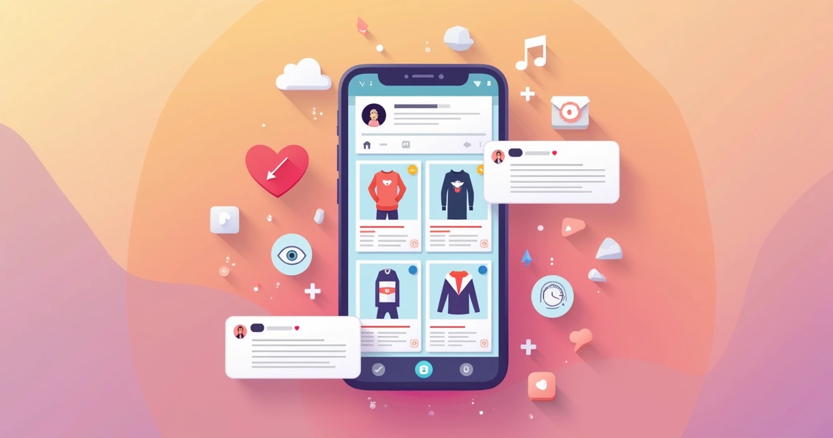 Ilustração flat corporativa mostrando uma tela de smartphone exibindo um catálogo digital de produtos com ícones do Instagram, símbolo de mensagem e elementos de interação como likes e comentários 