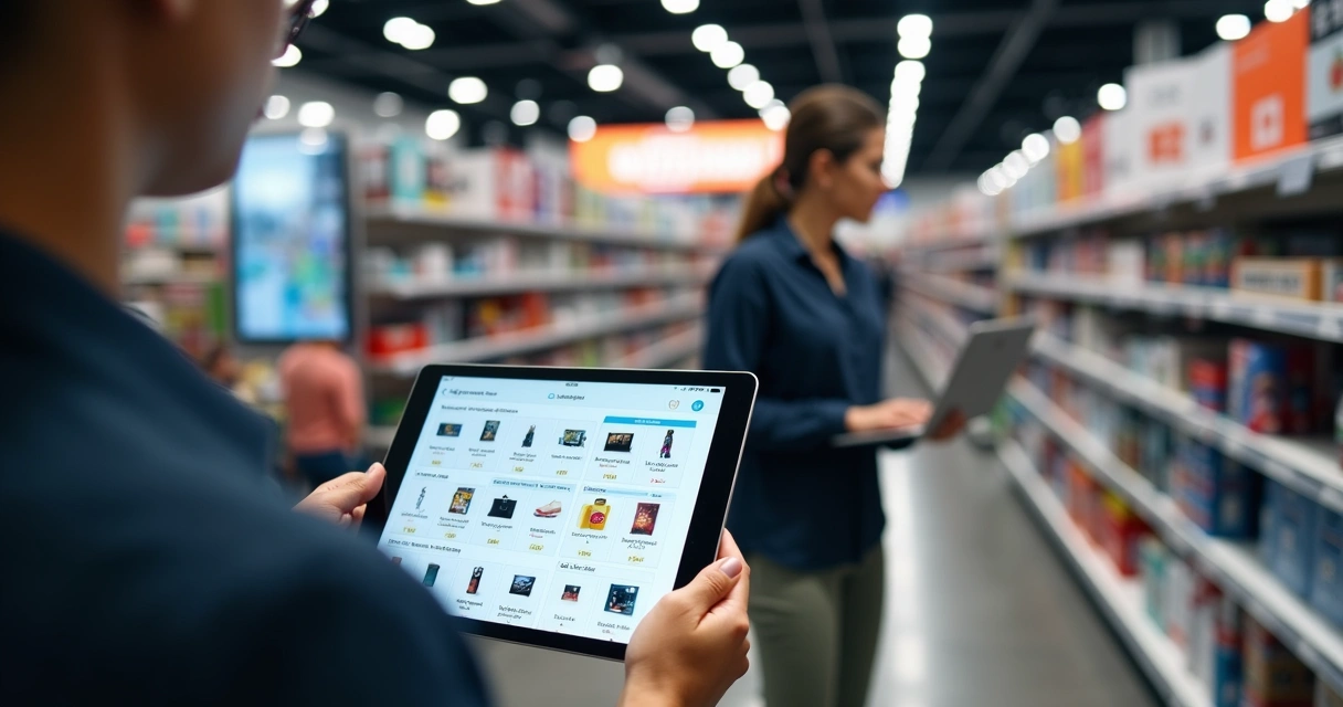 Catálogo digital de produtos exibido em tablet por representante de vendas 