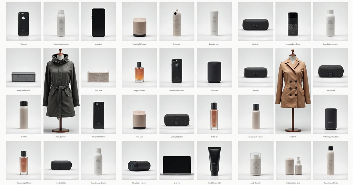 Catálogo padronizado com fotos de moda, eletrônicos e cosméticos 