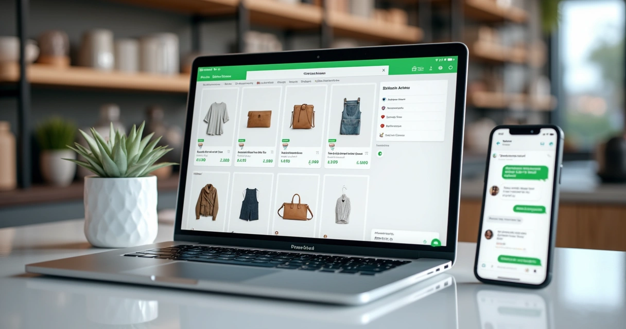 Catálogo digital com produtos em tela e botão de pedido no WhatsApp 
