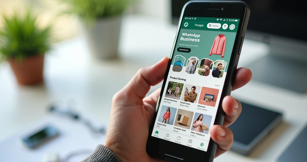 Catálogo digital com vários produtos no WhatsApp aberto em smartphone 