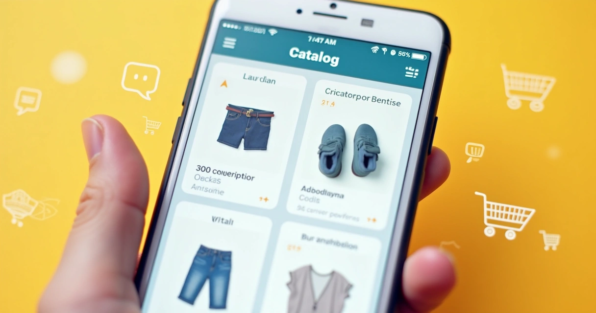 Smartphone mostrando catálogo digital, fundo claro 