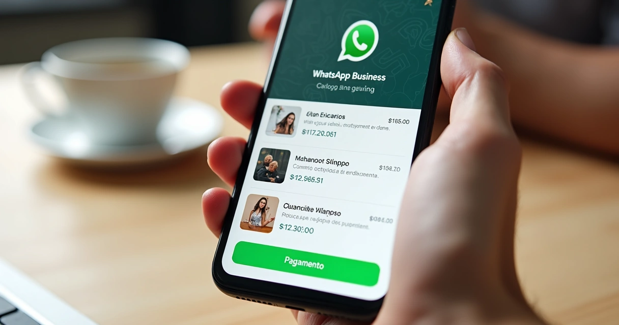 Tela de catálogo de produtos com botão para link de pagamento no WhatsApp Business 