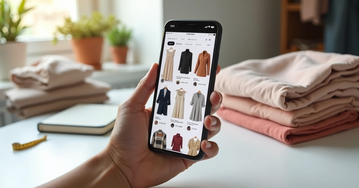 Catálogo digital de roupas aberto no celular com peças organizadas 