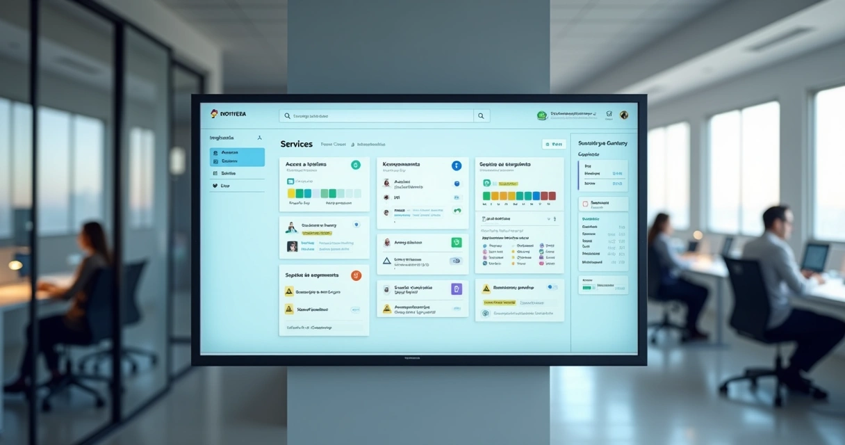 Painel digital exibindo catálogo de serviços de TI organizado para PME 