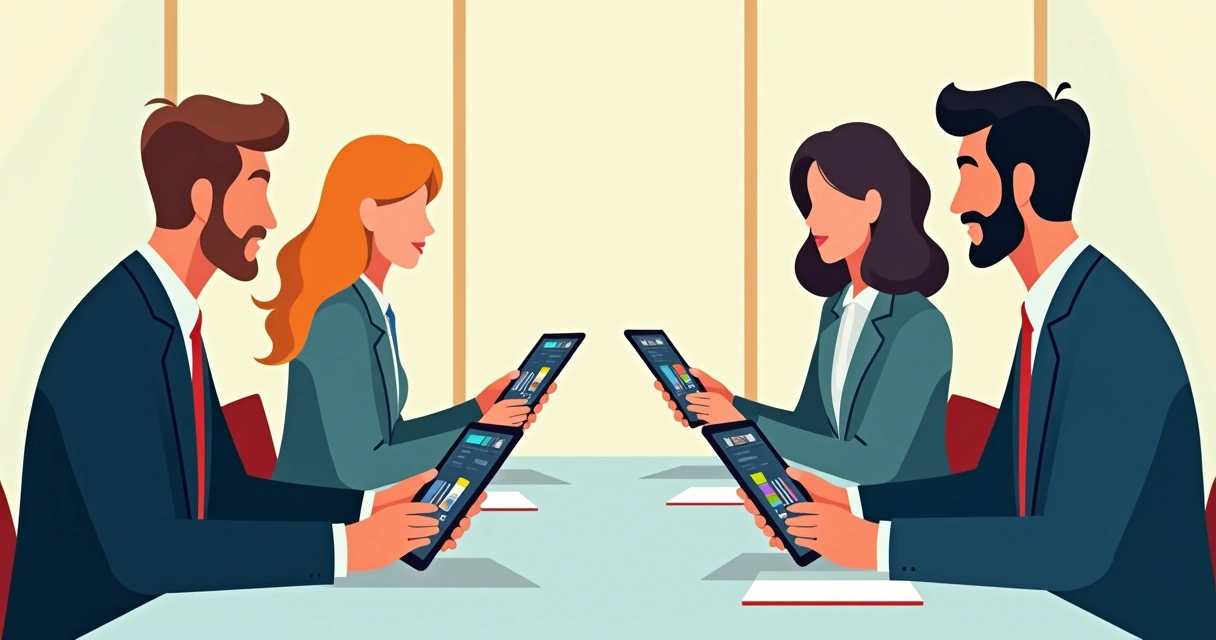 Equipe de vendas usando tablets para mostrar catálogo digital aos clientes