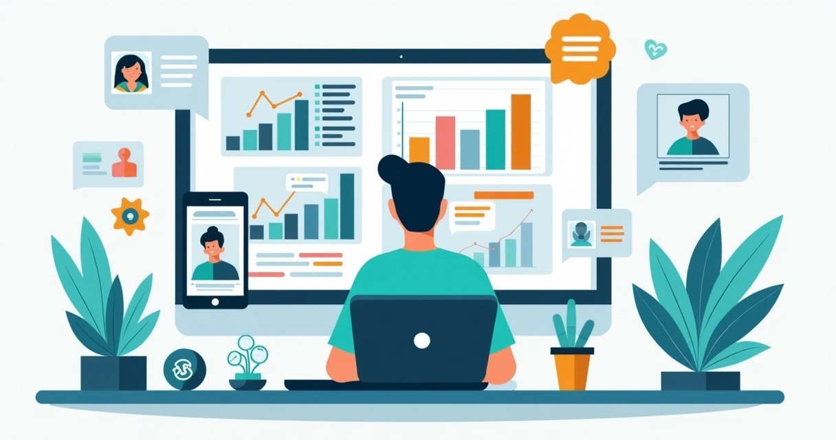 Ilustração corporativa plana de uma pessoa criando catálogo virtual no computador rodeada por elementos de design, ícones de redes sociais e gráficos de vendas ascendentes 