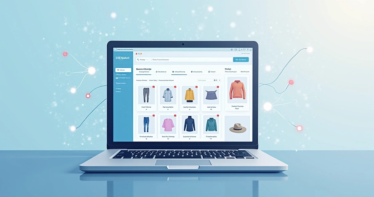 Pessoa usando notebook em uma loja virtual, com muitos produtos na tela 