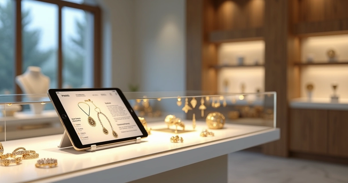 Catálogo virtual de joias aberto em tablet sobre balcão de loja 