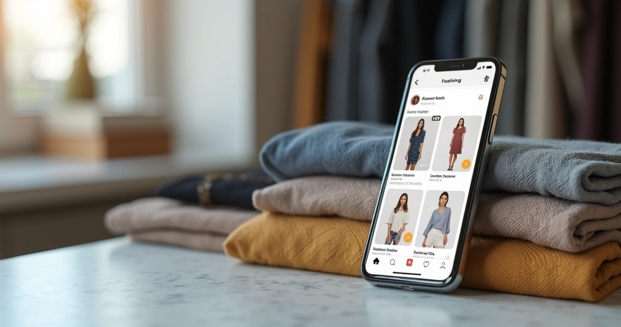 Catálogo de moda aberto no celular ao lado de peças de roupa 