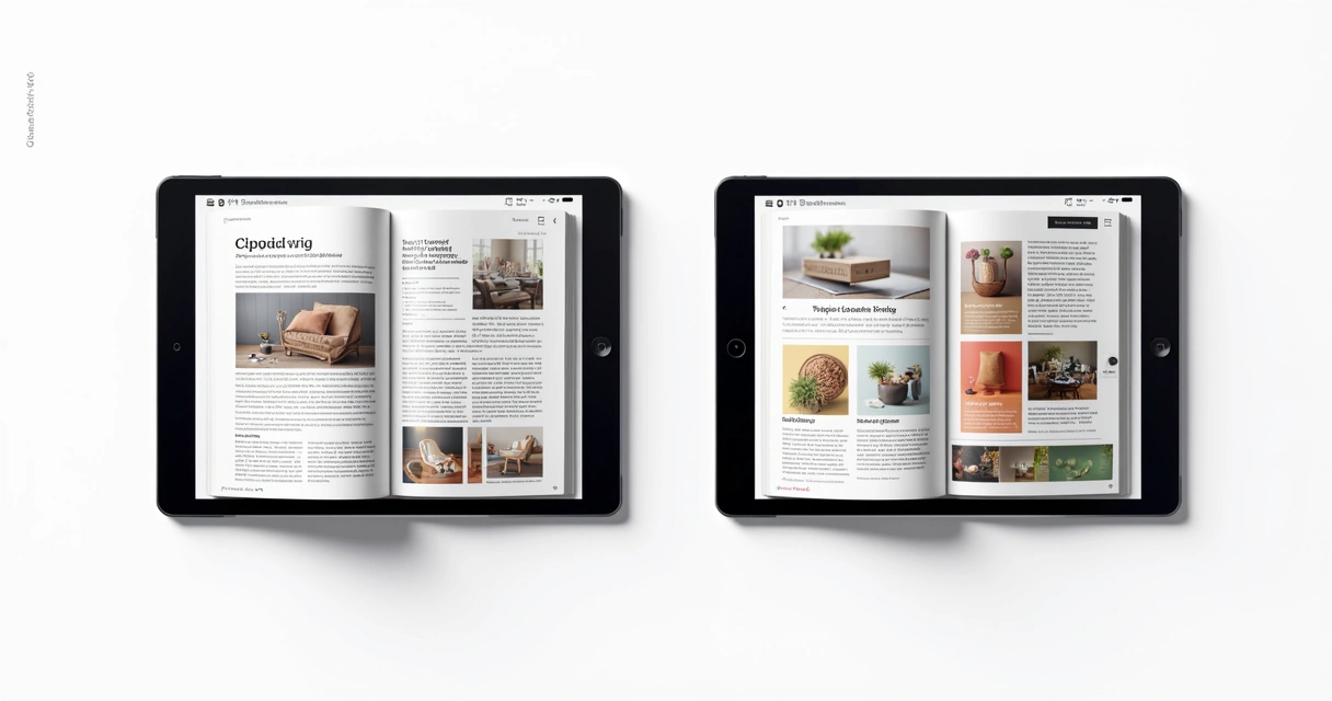 Comparação visual entre catálogo no Word estático e na Gopage digital e interativo 
