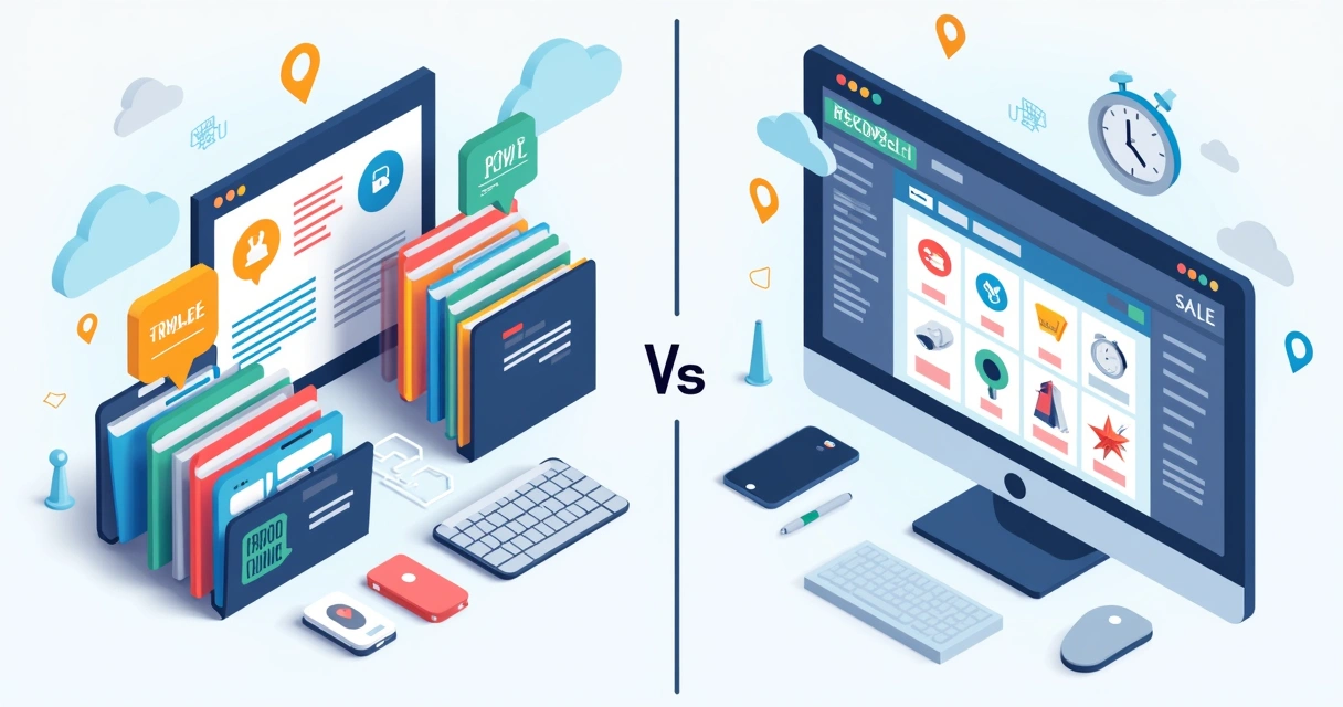 Ilustração corporativa mostrando vários catálogos digitais de produtos e um catálogo único comparados lado a lado 
