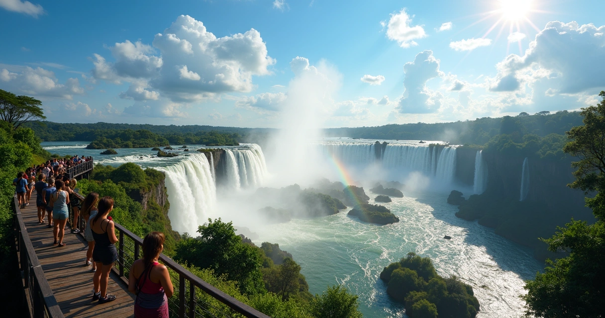Vista panorâmica das Cataratas do Iguaçu com turistas admirando 