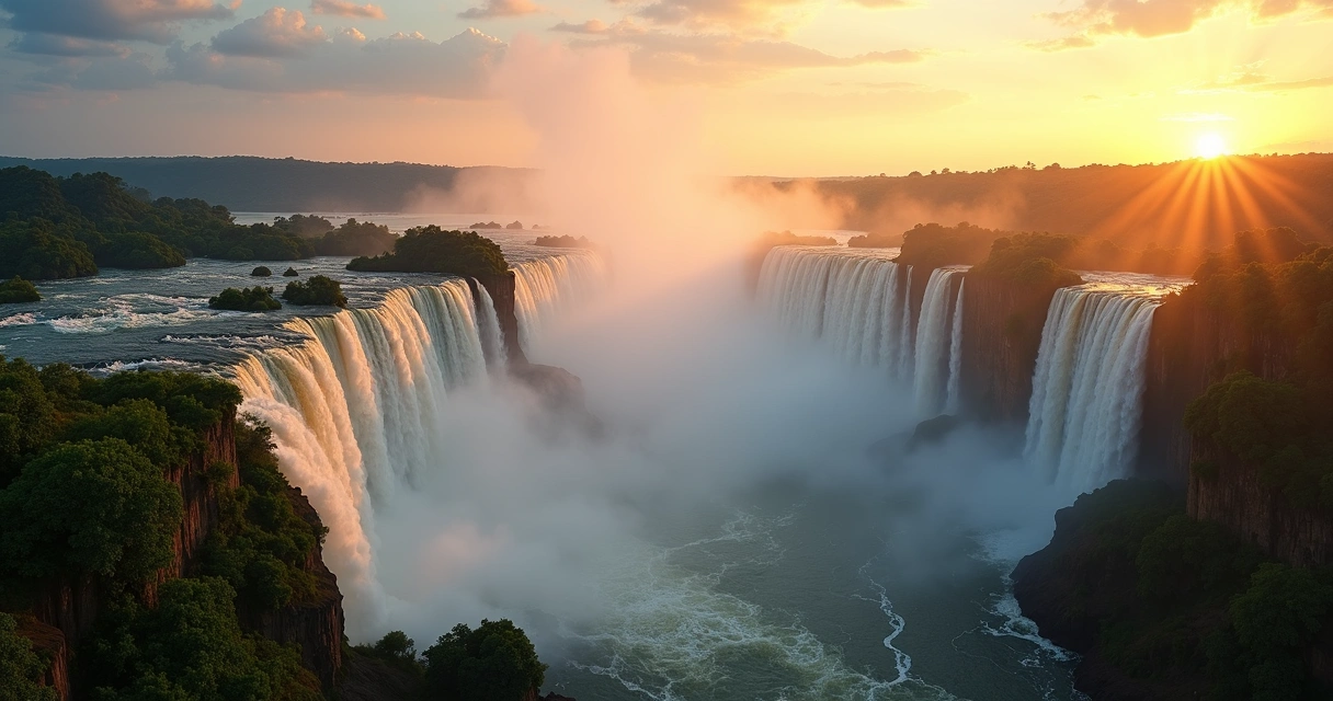 Visão panorâmica das Cataratas do Iguaçu com quedas d'água volumosas e neblina ao nascer do sol 
