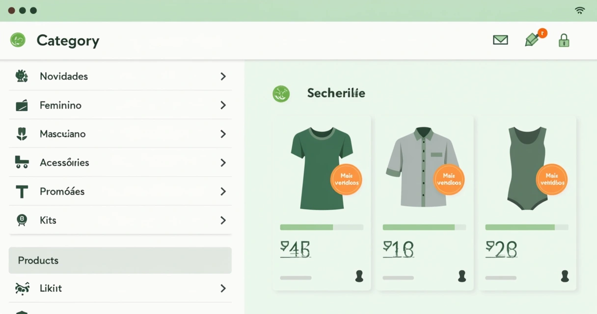 Menu de categorias claro com produtos em destaque 