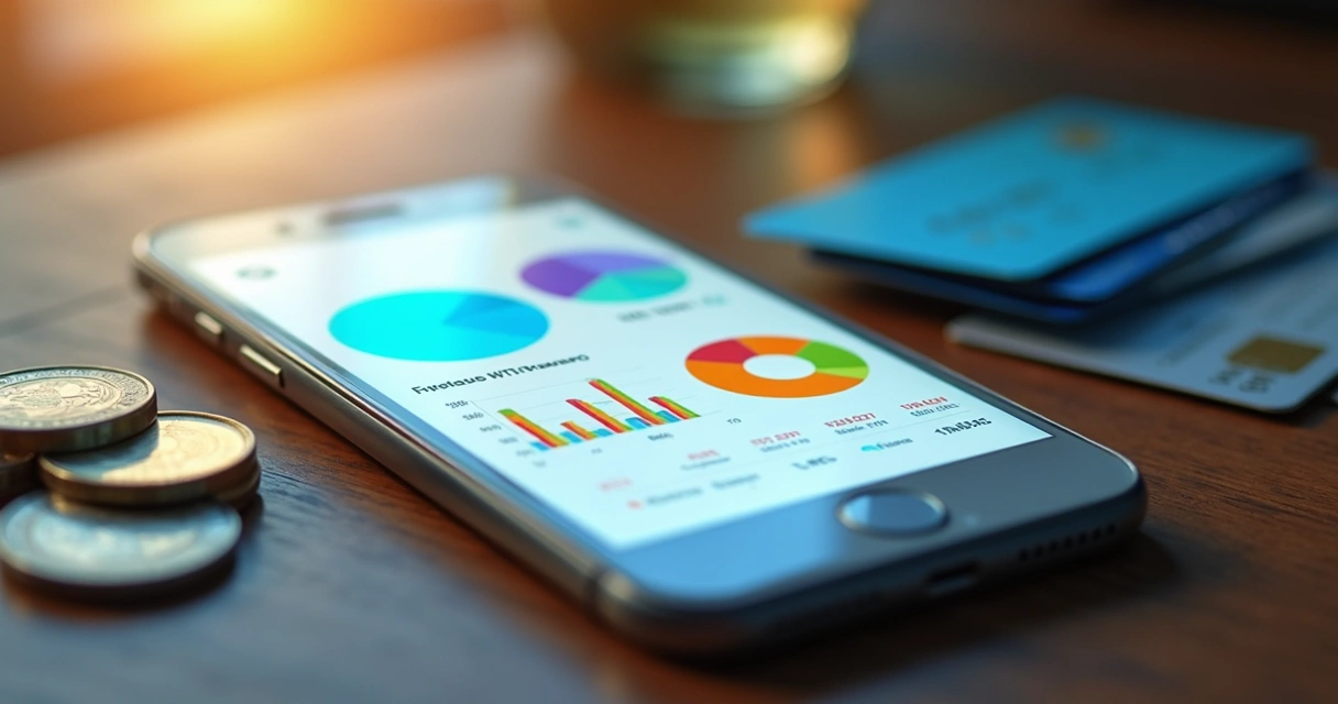 Resumo colorido de gastos e receitas em tela de app financeiro 