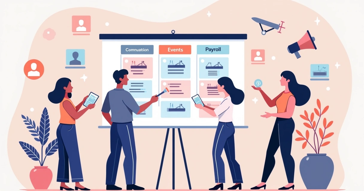 Quadro com categorias de investimento e equipe discutindo alocação de verba