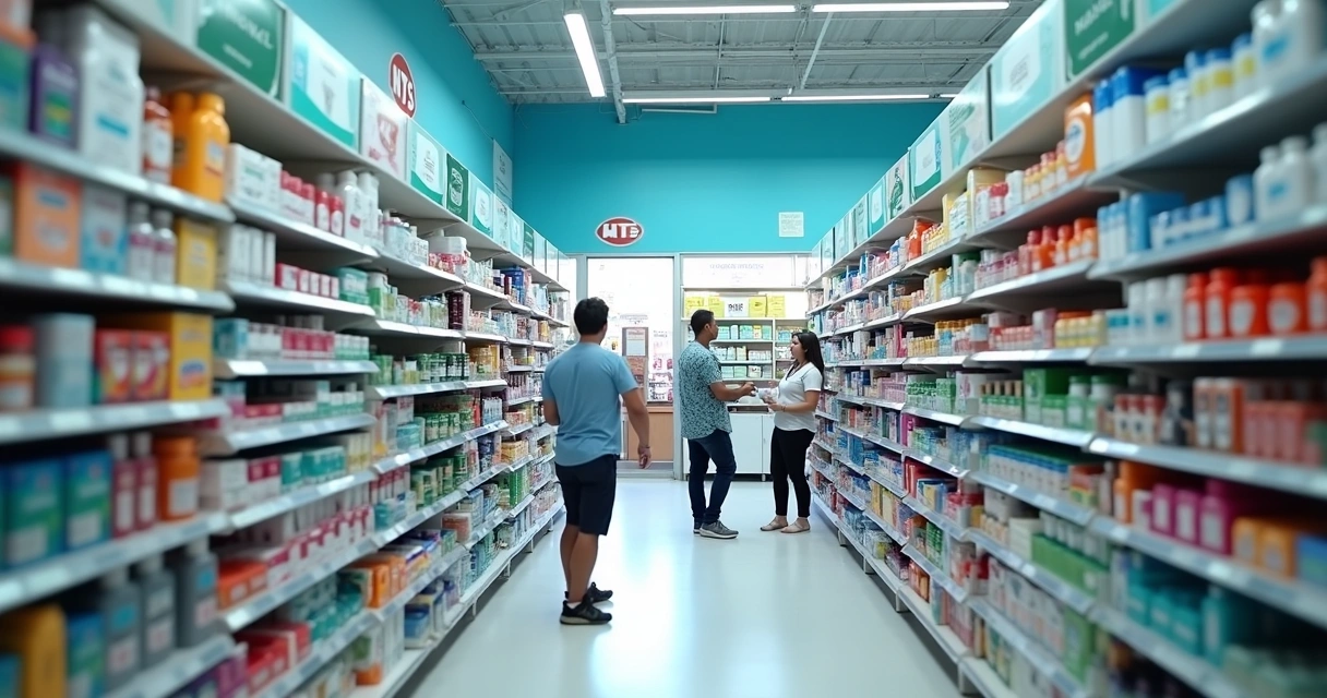 Várias categorias de produtos organizadas em gôndolas de farmácia 