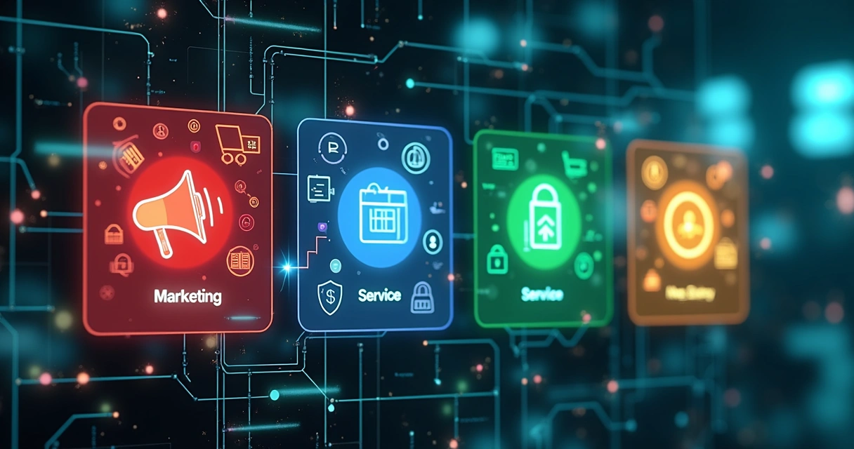 Ilustração detalhada das quatro categorias de mensagens da API WhatsApp em um painel digital com ícones representando marketing, utilidade, autenticação e serviço 