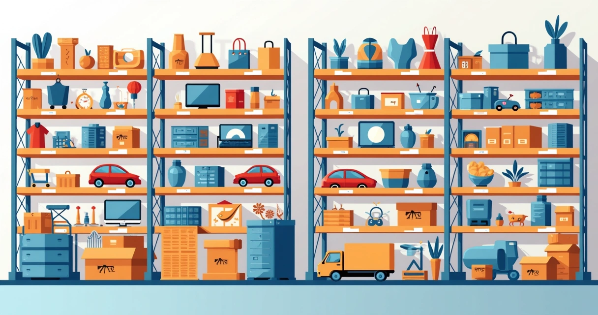 Vários tipos de produtos de diferentes categorias listados em prateleiras organizadas