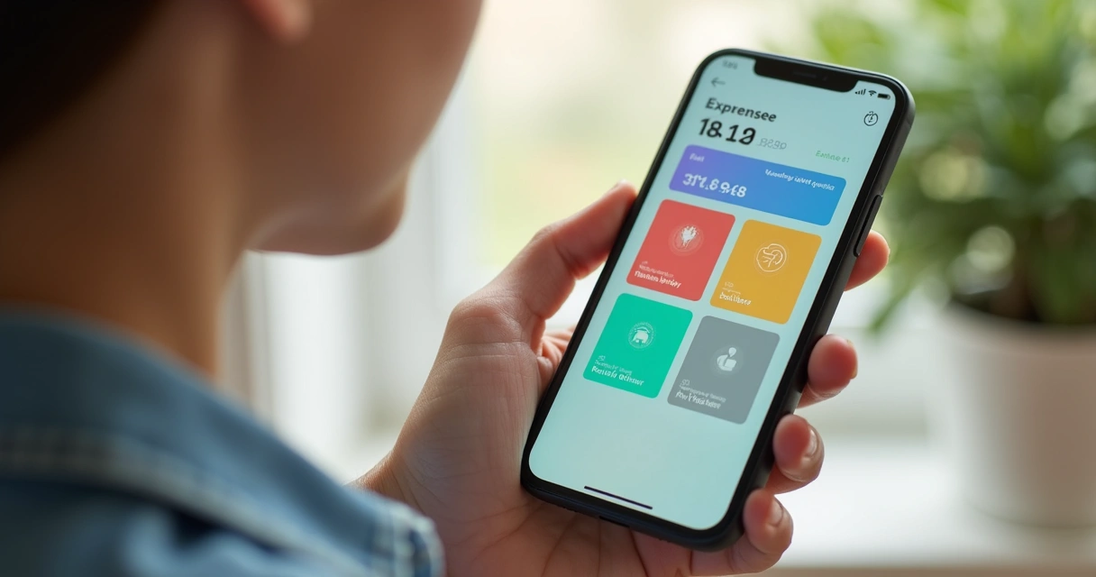 Pessoa usando celular com tela exibindo categorias de despesas coloridas 