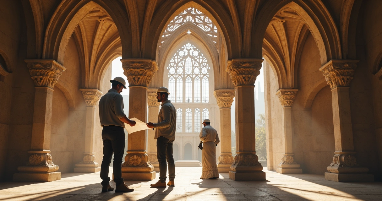 Three people planning cathedral construction 