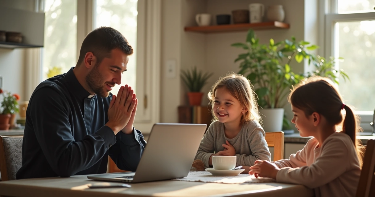 Homem católico rezando antes do trabalho com família ao redor 