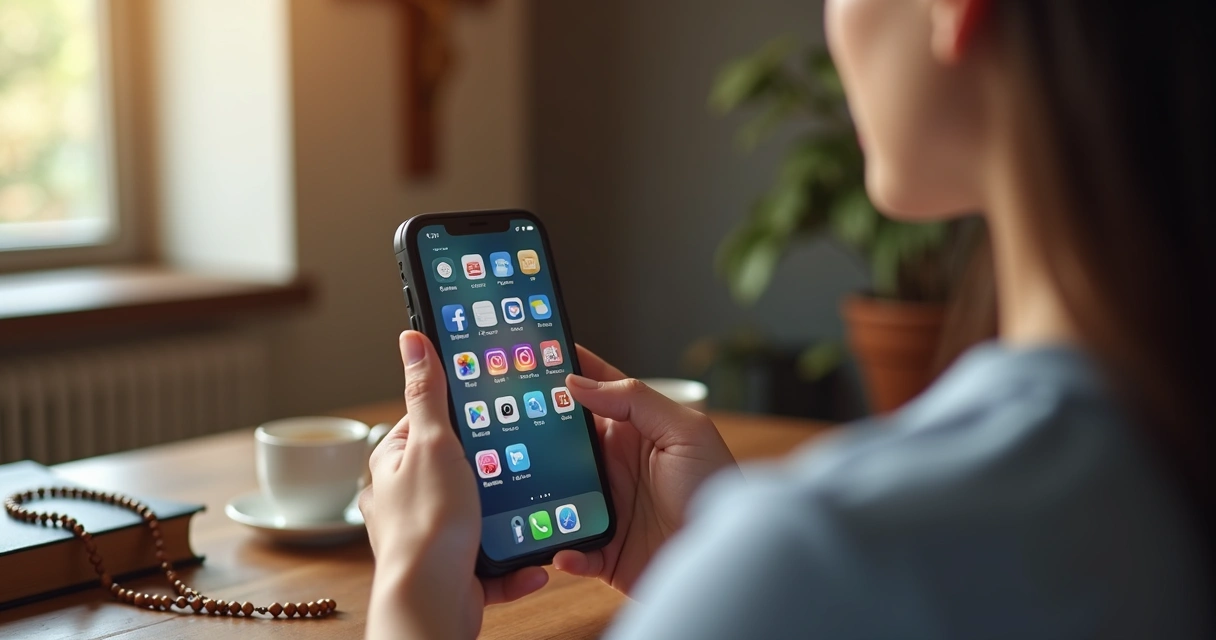 Católico segurando smartphone com tela aberta em redes sociais, em ambiente interno iluminado e com símbolos religiosos ao fundo 