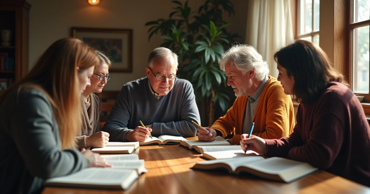 Pessoas estudando a Bíblia em grupo em sala clara 