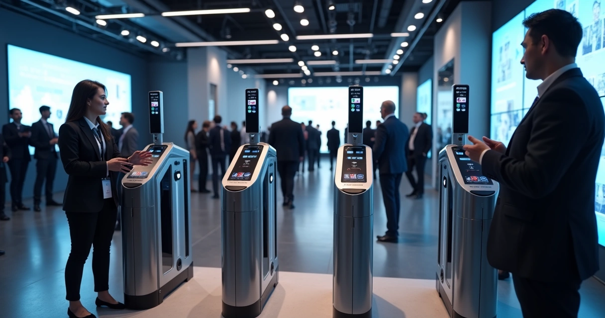 Catracas inteligentes com sensores de biometria facial em evento corporativo 
