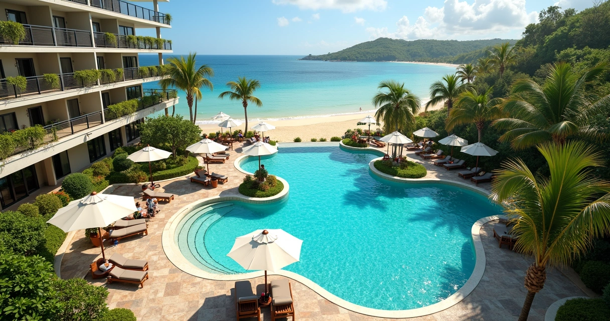 Piscina rodeada por jardins em resort à beira-mar 