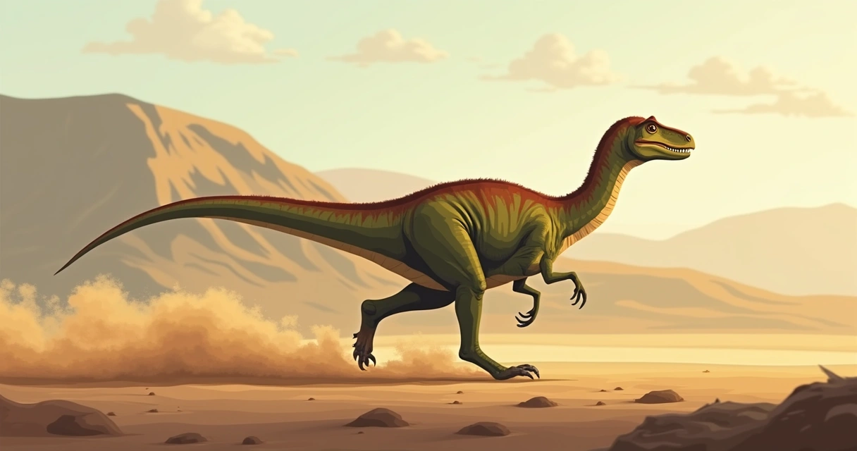 Reconstrução de um dinossauro correndo com a cauda erguida 